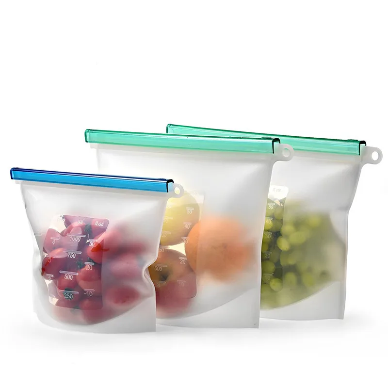 4PCS 500ml/1000ml/1500ml Silicone bag snack food Ziplock bag for fruit liquid storage bag refrigerator storage bag