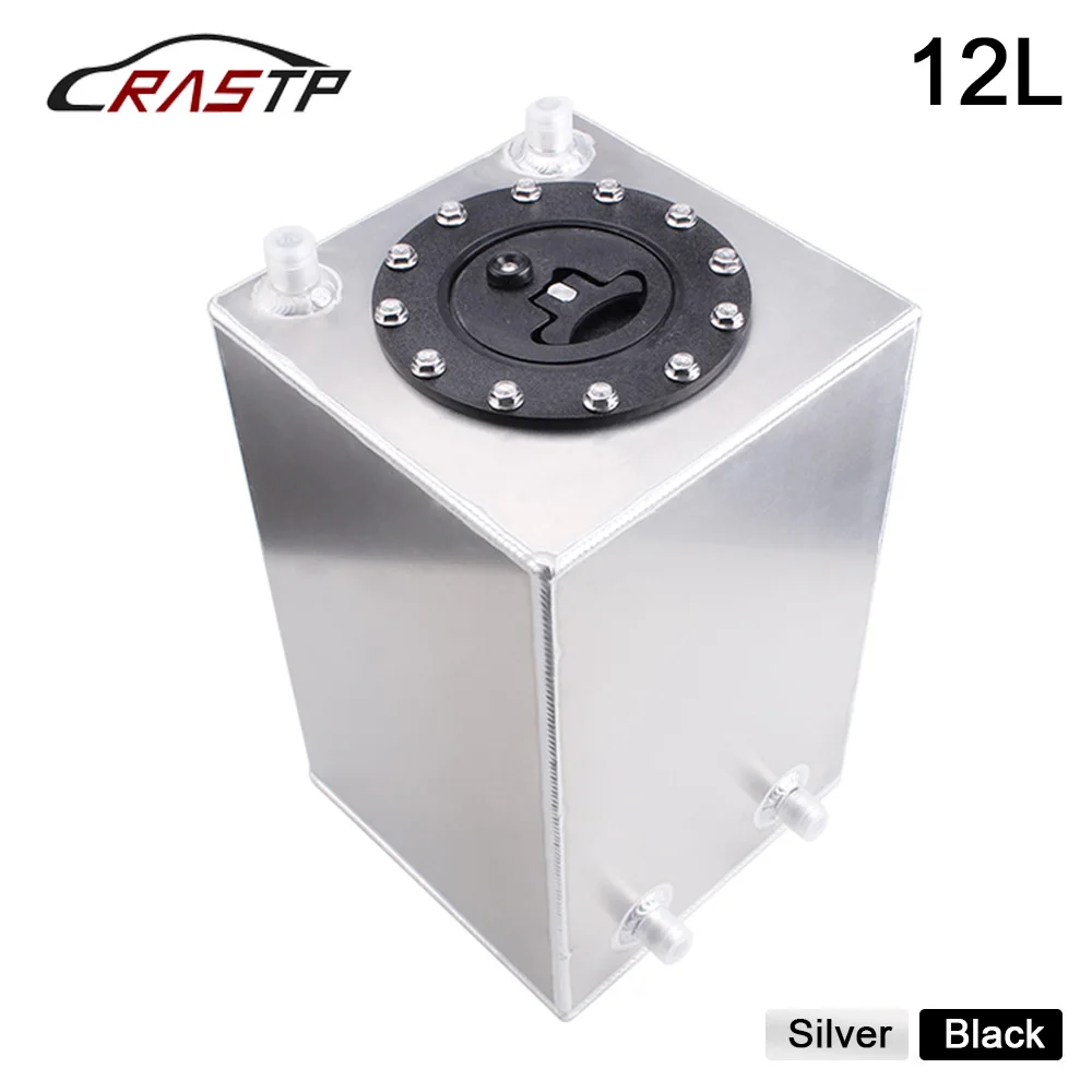 RASTP-Aluminum 12L Fuel Surge Tank Silver Black Mirror Polish Fuel Cell with Cap 3 Gallons RS-OCC038