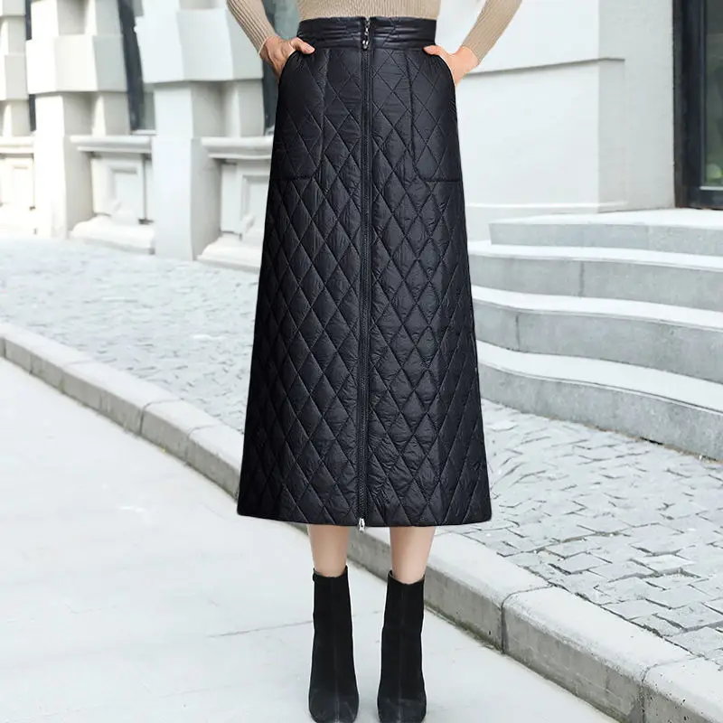 Warm 5XL Ladies Long Skirt 2024 Fall Winter women's Down Cotton Slim A-line Skirt Black High Waist Female pocket Zipper Skirt