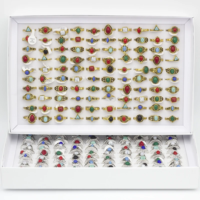 50pcs/lot Women's Bohemia Style Rings Antique Silver Color Stone Jewelry Finger joint ring Dropshipping Party Gifts