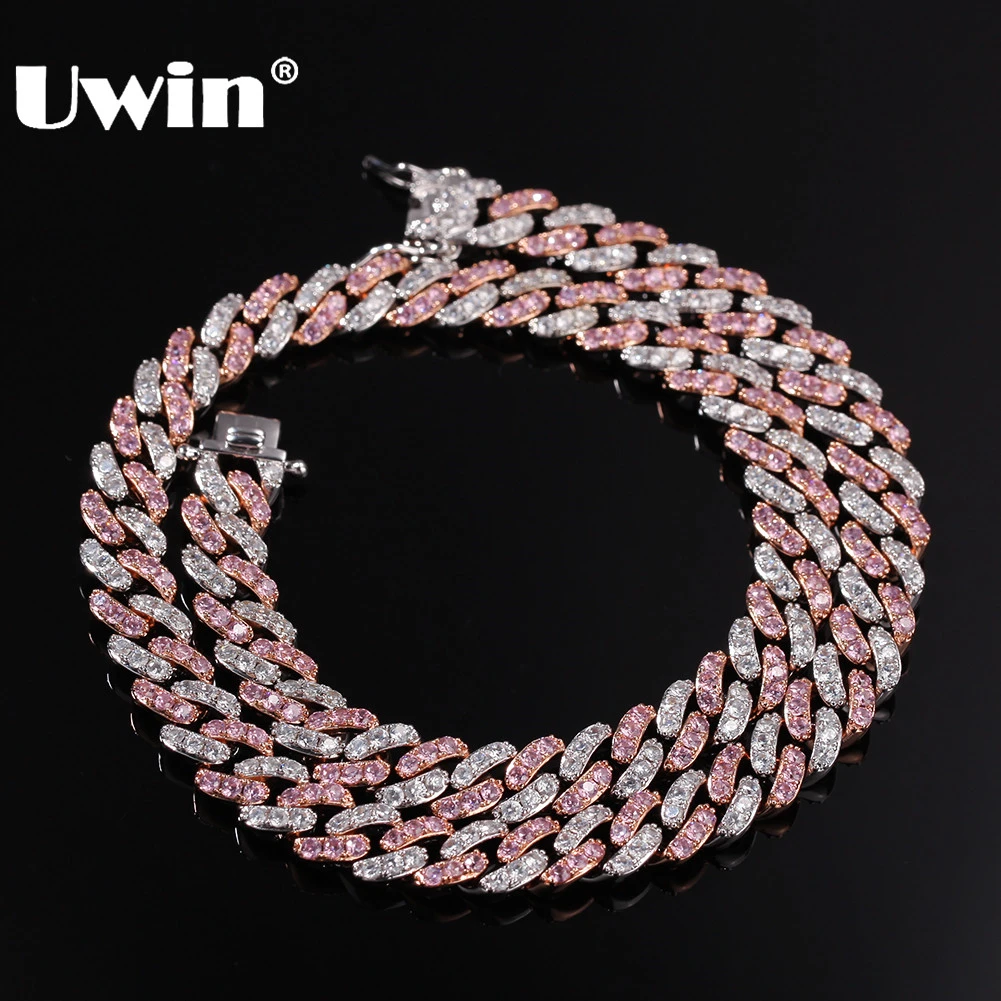 UWIN 9mm Iced Out Women Choker Necklace Rose Gold Color Cuban Link With White &Pink Cubic Zirconia Chain Fashion Jewelry