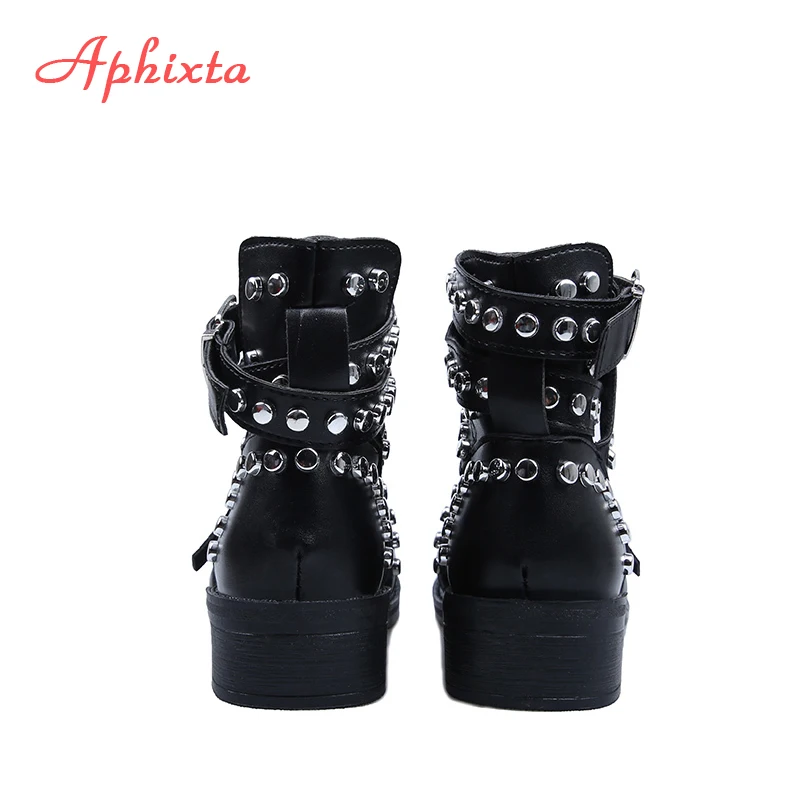 Aphixta Rivets Black Ankle Women Boots Faux Leather Booties Metal Buckle Straps Square Heel Studded Woman Boots Motorcycle Shoes