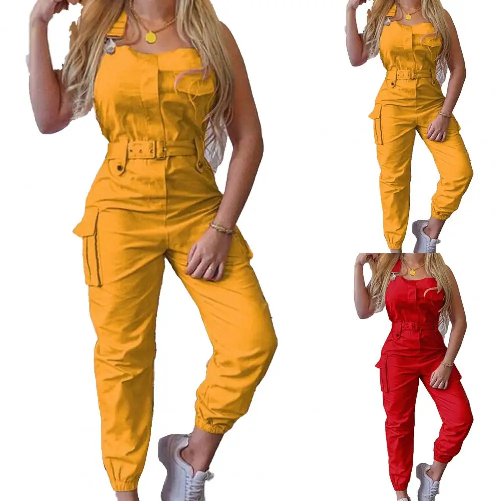 Cargo Jumpsuit Ankle Tied Shoulder Strap Female Sleeveless High Waist Pockets Romper Women Overall 2021 Ankle-Length Pants