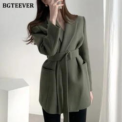 BGTEEVER Chic Elegant Woolen & Blends Blazer Women Autumn Winter Thick Warm Full Sleeve Belted Sashes Female Suit Jackets 2020