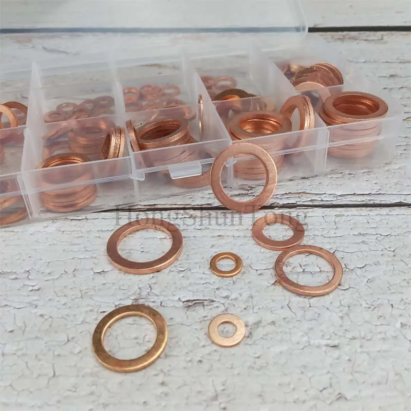 150PCS Copper Washer Gasket Nut and Bolt Set Flat Ring Seal Assortment Kit M5 M6 M8 M10 M12 M14 M16 M18 for Sump Plugs Water