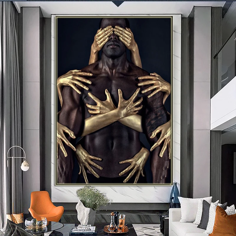 

African Art Black Gold Nude Embrace Canvas Paintings Wall Art Posters and Prints Man Woman Wall Pictures for Living Room Cuadros