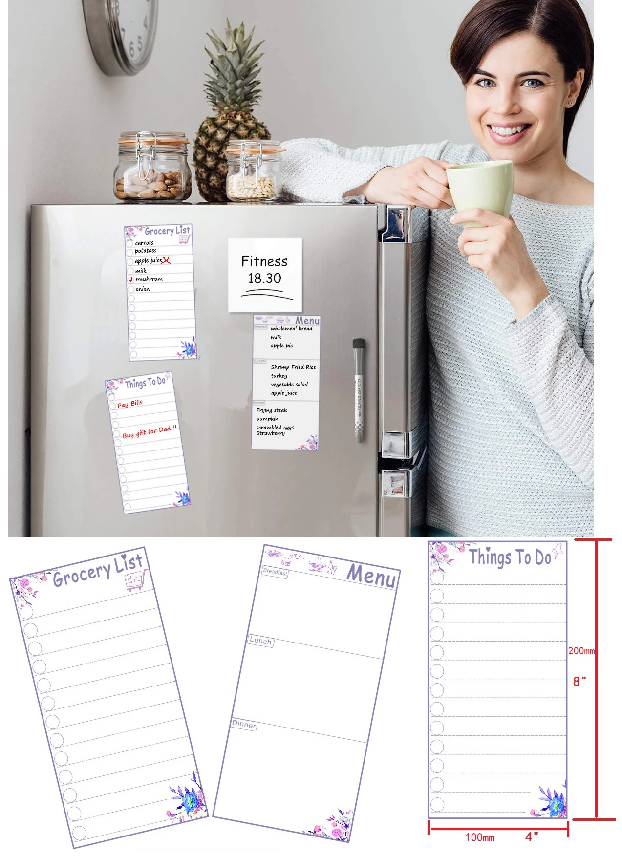 3pcs Dry-Erase Magnetic White Board for Refrigerator Memo Weekly Planner To Do List Grocery Menu Board Kitchen Fridge Magnets