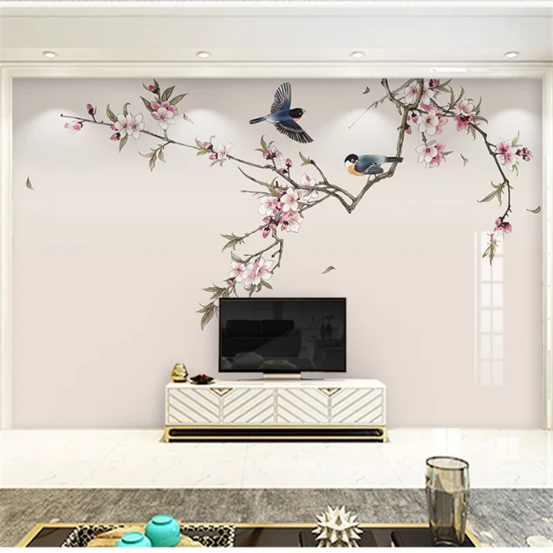 

wellyu Custom large-scale mural modern new Chinese style hand-painted peach blossom brushwork bird and bird background wall