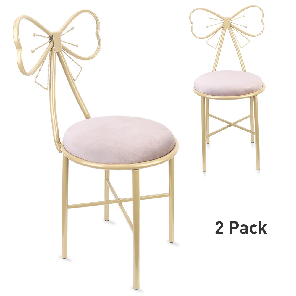 2PCS Wrought Iron Velvet Dressing Stool, Butterfly Backrest Makeup Chair for Home Living Room Bathroom Decor