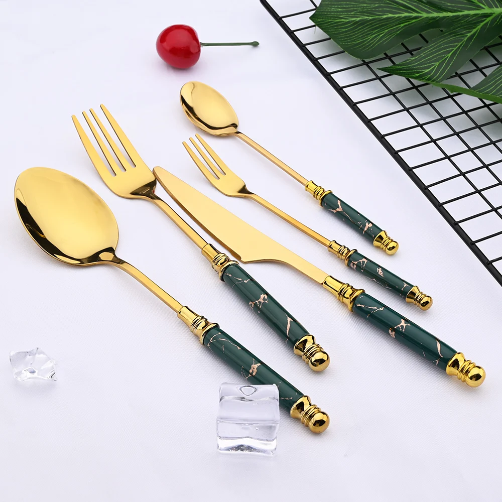 Mirror Ceramic Handle Tableware Set White Gold Flatware Fork Spoon Knife Set Stainless Steel Dinnerware Cutlery Set Dinner Set