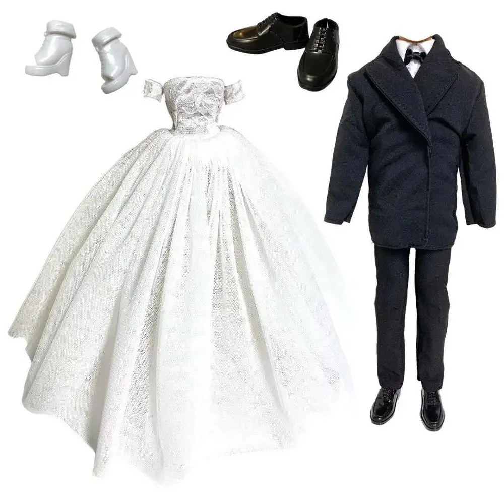 1Sets 30cm Doll Wedding Party Dress Princess Gown With Veil + Black Groom Suit Clothes with Shoes For 1/6 Doll Accessories