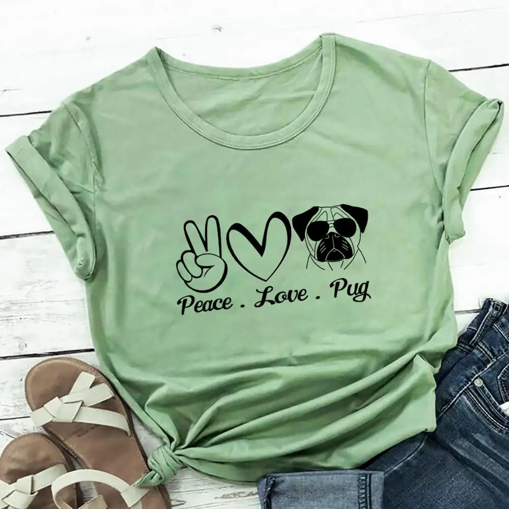 

Peace Love Pug 100%Cotton Women Tshirt Dog Mom Life Funny Summer Casual O-Neck Short Sleeve Top Pet Lover Gift Dog Mama Shirts