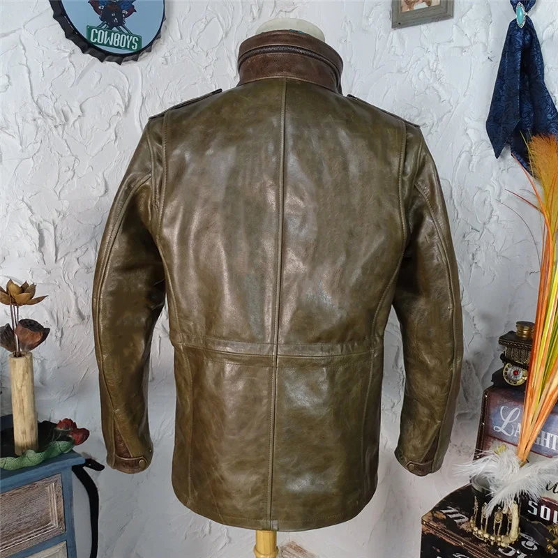 

Dark Brand Green Men Genuine Leather Jacket Multi-pockets Vintage Safari Style Natural Cowhide Coat Motorcycle Outerwear S-2XL