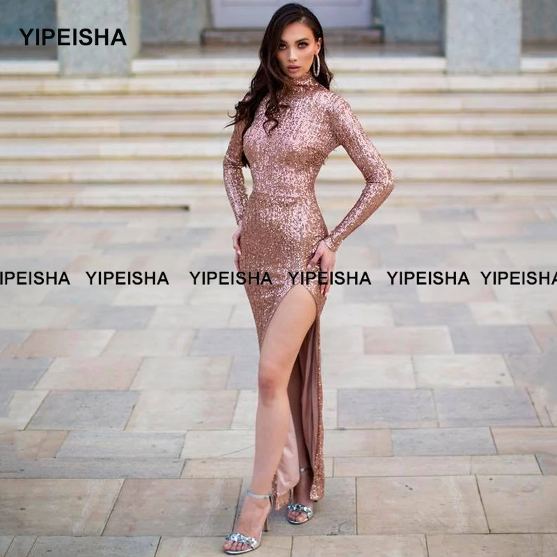 Yipeisha High Neck Silver Sequin Evening Dress Floor Length Side Split Mermaid Party Gown Long Sleeves Prom Dresses 2021