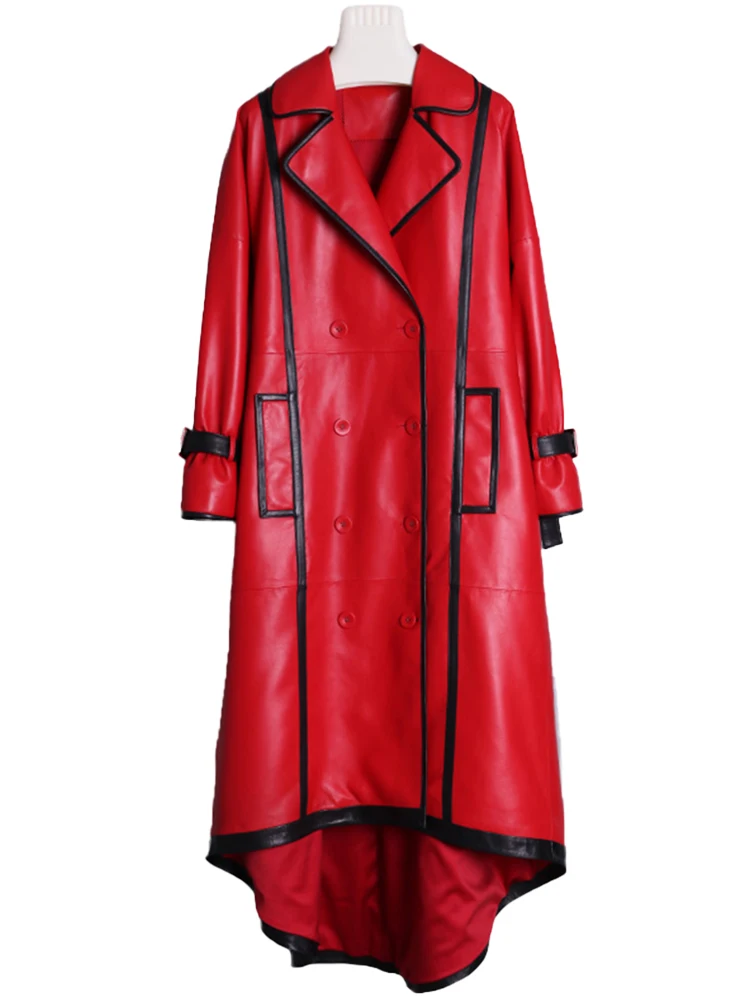 Lautaro Autumn Long Red and Black Patchwork Pu Leather Trench Coat for Women Double Breasted Stylish Luxury European Fashion