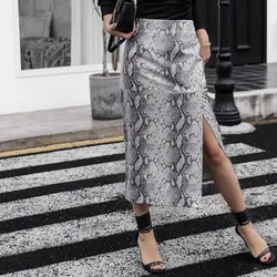 Novelty New Pthon Pattern Leather Skirt Women Simple Split 75 cm Long Pencil Jupe Longue Feminino Calf Bodycon Roupas De Mujer