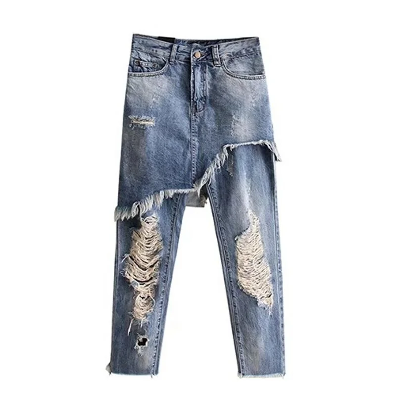 Fashion New Women Jeans Washed Vintage High Street Hole Ripped Spliced Female Ankle-Length Pant Mid Waist Plus Size Trouser