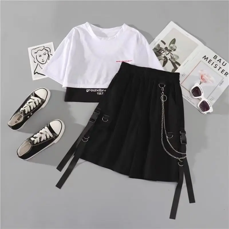 JMPRS Summer Women Cargo Women 3 Piece Sets Hip Hop Letter Crop Tops Elastic High Waist Fashion Chain Mini Skirt Female Suits