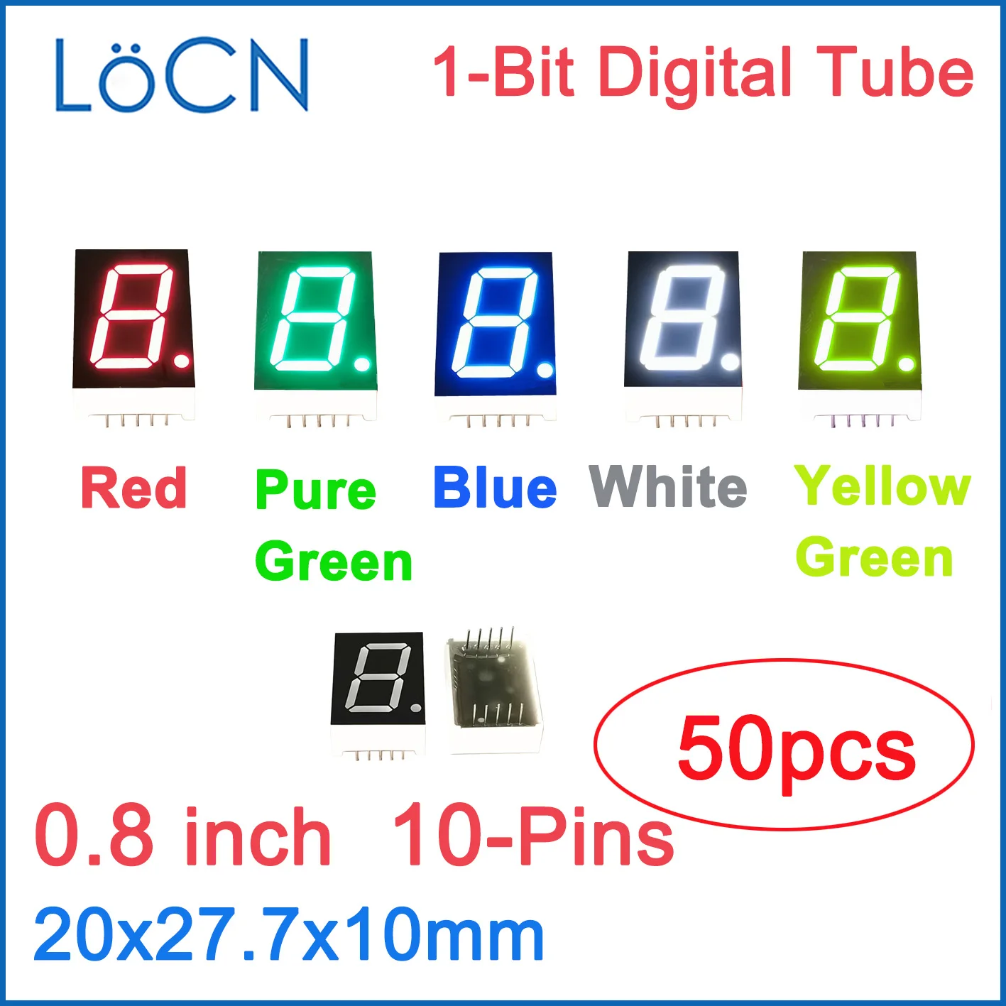 0.8 inch LED Display Digital tube 1 bit RED BLUE WHITE YELLOW PURE GREEN Common Cathode Anode High Bright Clock Display 50PCS