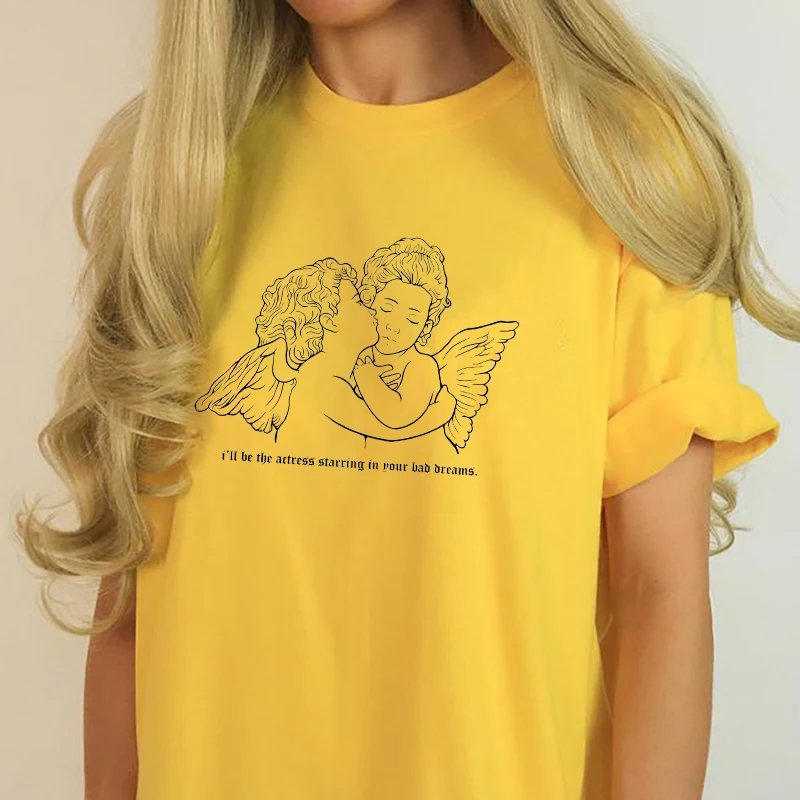 I'll Be the Actress Starring in Your Bad Dreams Hugging Angel Printed T Shirt Women Short Sleeve Cotton Street Style Tops