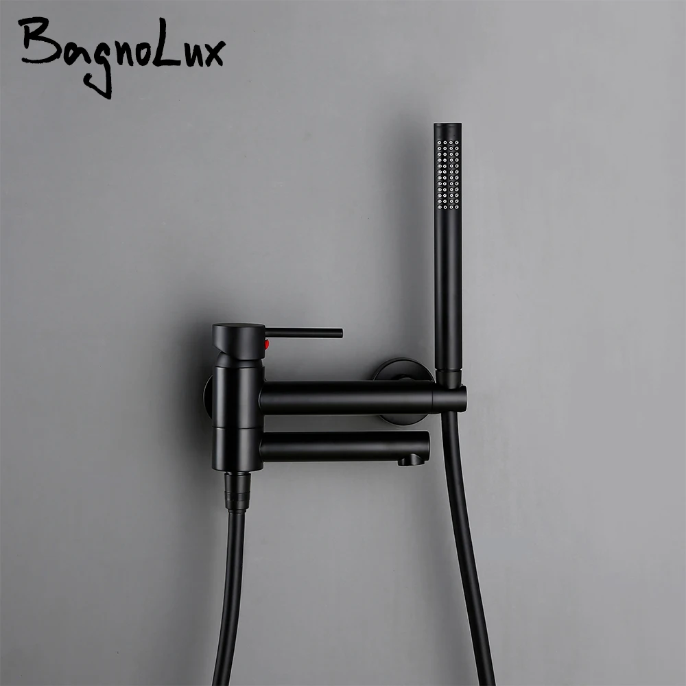 Bagnolux Brass Black Wall-Mounted Hot and Cold Mixed Type Bathtub Spout Hand Spray Shower Seat Bathroom Faucet