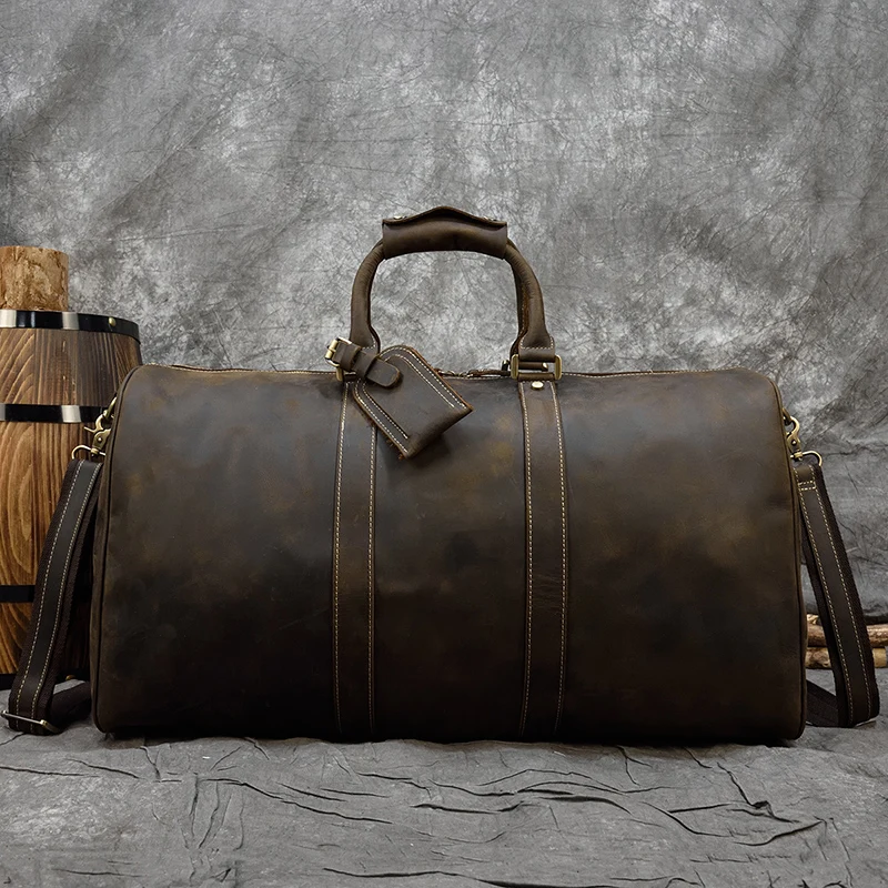 60cm Vintage Mens Leather Travel Bag Real Leather Weekender Bag Overnight Travelling Handbag For 3 days  Business Travel