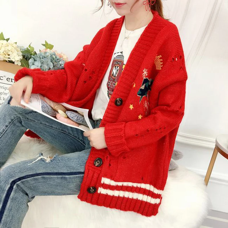 Elegant knitwear Women Cardigan Sweater spring autumn Knit Cardigan Cartoon Embroidery Oversize Sweater Coat outwear