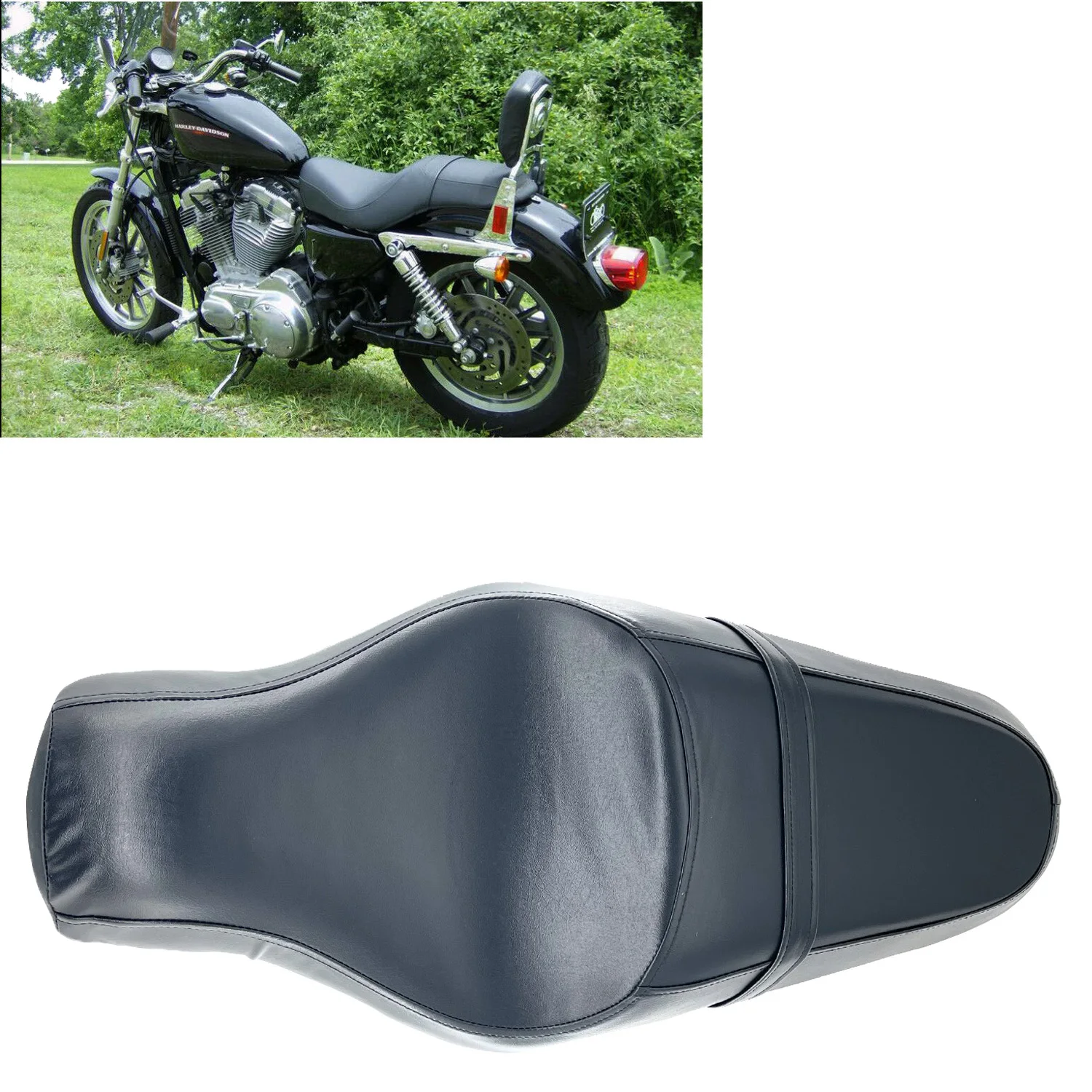 

Black Motorcycle Smooth Surface PU Leather Two Up Driver Passenger Pillion Cushion Seat For Harley Sportster XL883 1200 XL48