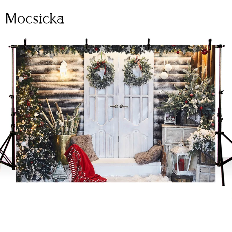Mocsicka Winter Weihnachten Fotografie Hintergrund Holz Tür Girlande Kissen Dekoration Requisiten Kind Porträt Hintergrund Studio