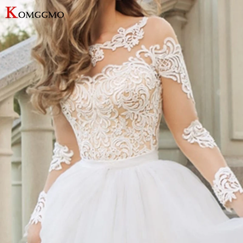 Elegant O-Neck Full Sleeve Mermaid Lace Wedding Dress Luxury Embroidery Appliques Tulle Detachable Train 2 in 1 Bridal Gown