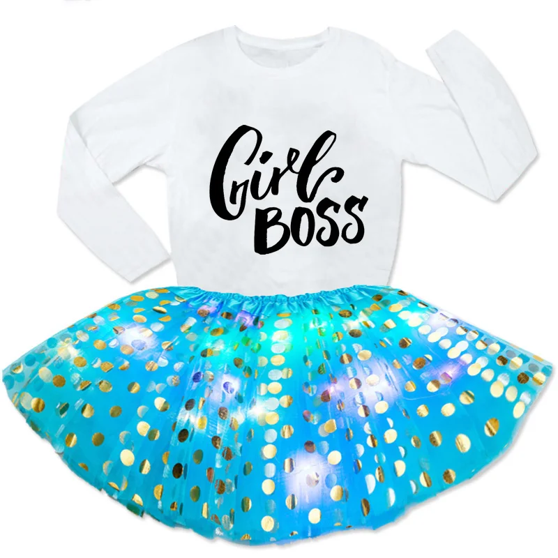 Girl Dress Sequin glow Set Birthday Party 2 Pc Light Dress+Long sleeve t Shirt kids Design Your Name and Number birthday present