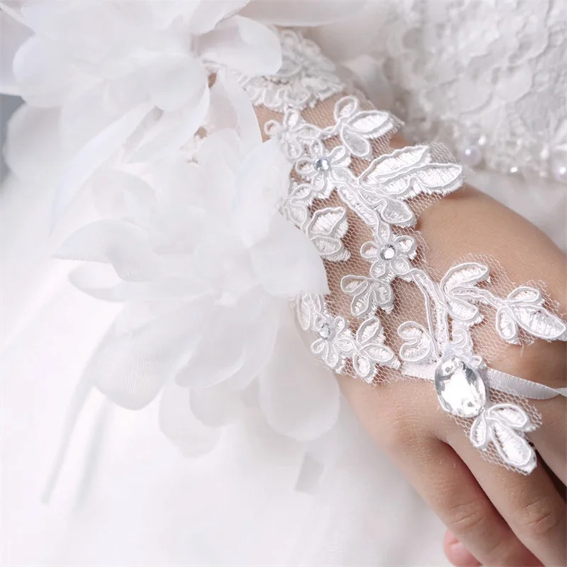 Moda flor princesa menina luvas sem dedos luvas de casamento rendas frisado curto design luvas para acessórios de casamento nupcial