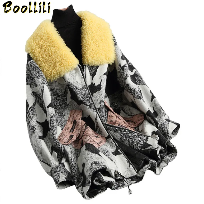 Luxury Women Boollili Wool and Cotton Coats Warm Winter Coat Women Real Lamb Fur Collar Female Jacket abrigo mujer