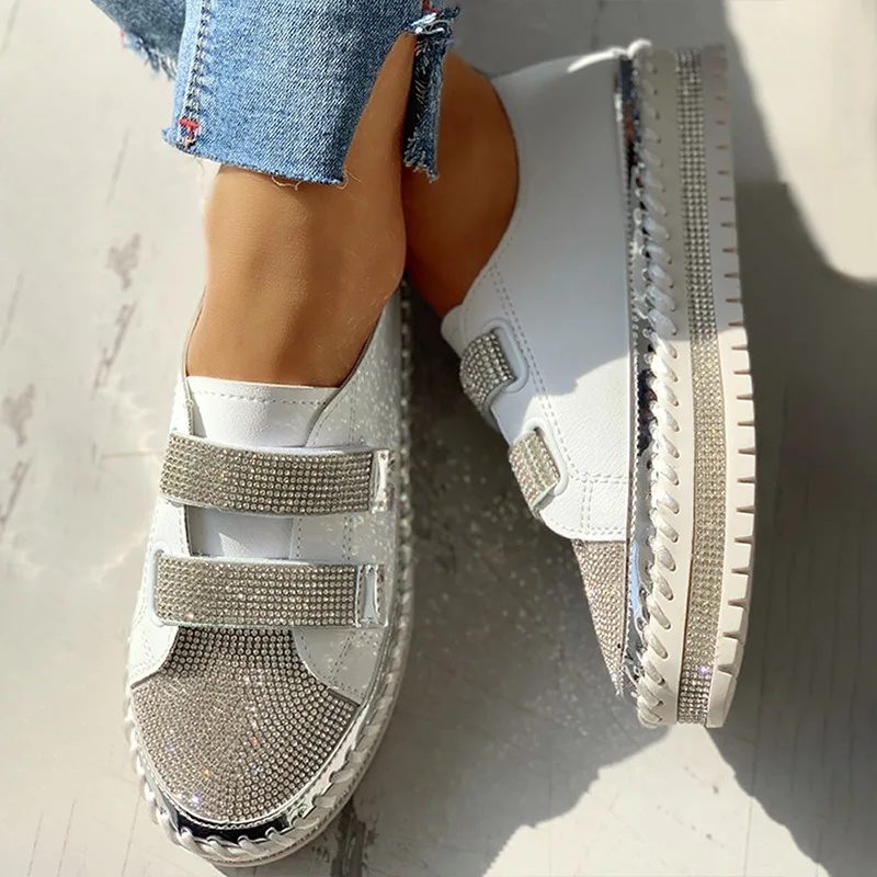 LazySeal Bling Women Rhinestone Casual Daily Magic Tape Sneakers Thick Botton Lazy Ladies Shoes Rhinestones Female Flat 2021 New