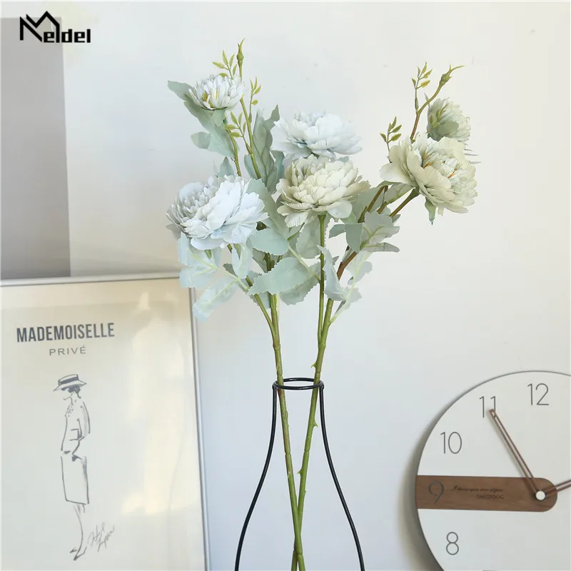 Meldel Rose Artificial Silk Flowers Branch 3 heads Fake Flower Rose Wall Room Decoration Wedding Home DIY Accessories Faux Flore