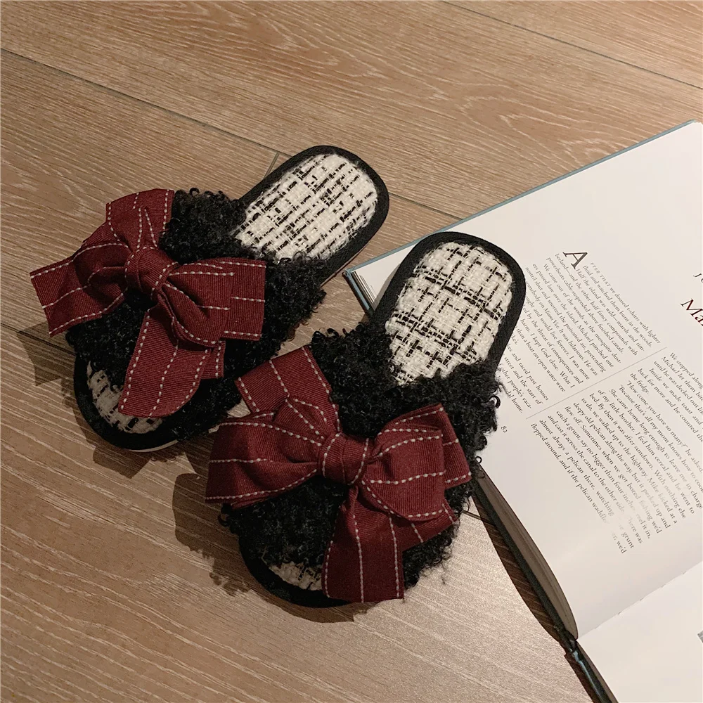 Plush Wool Slippers Female 2021 Autumn Winter Fashion Indoor Home Anti Slip Cotton Slippers Bow Slippers
