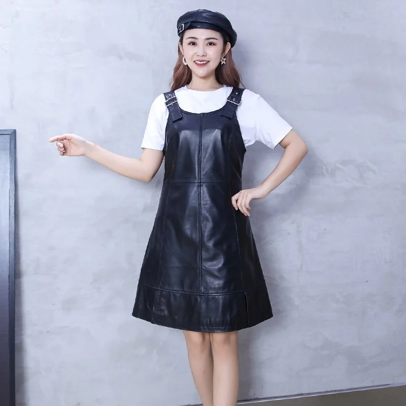 Womens Sweet Straps Dress Slim 100% Genuine Leather Split A Line Dresses High Street Casual Pullover Sleeveless Sheepskin Dress