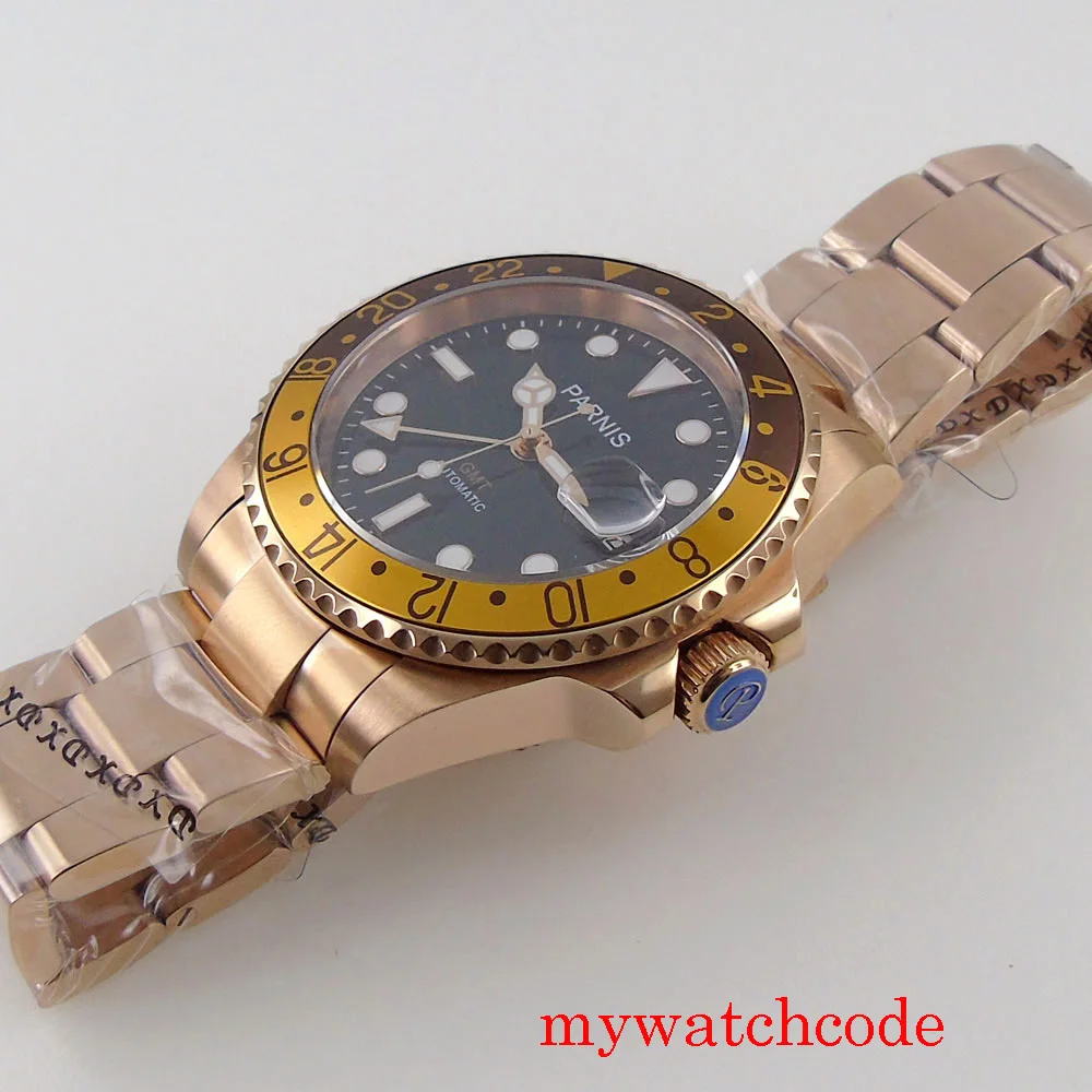 Parnis 40mm Full Rose Gold Automatic GMT Men Watch Sapphire Glass Calendar Steel Bracelet Alloy Bezel Insert Black Dial