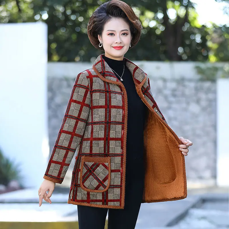 Fdfklak Áo Khoác Mùa Đông Plus Nhung Dày Trung Niên Người Lớn Tuổi Bà Parkas Ấm Kẻ Sọc Cotton-Áo Đệm Dành Cho Nữ XL-6XL