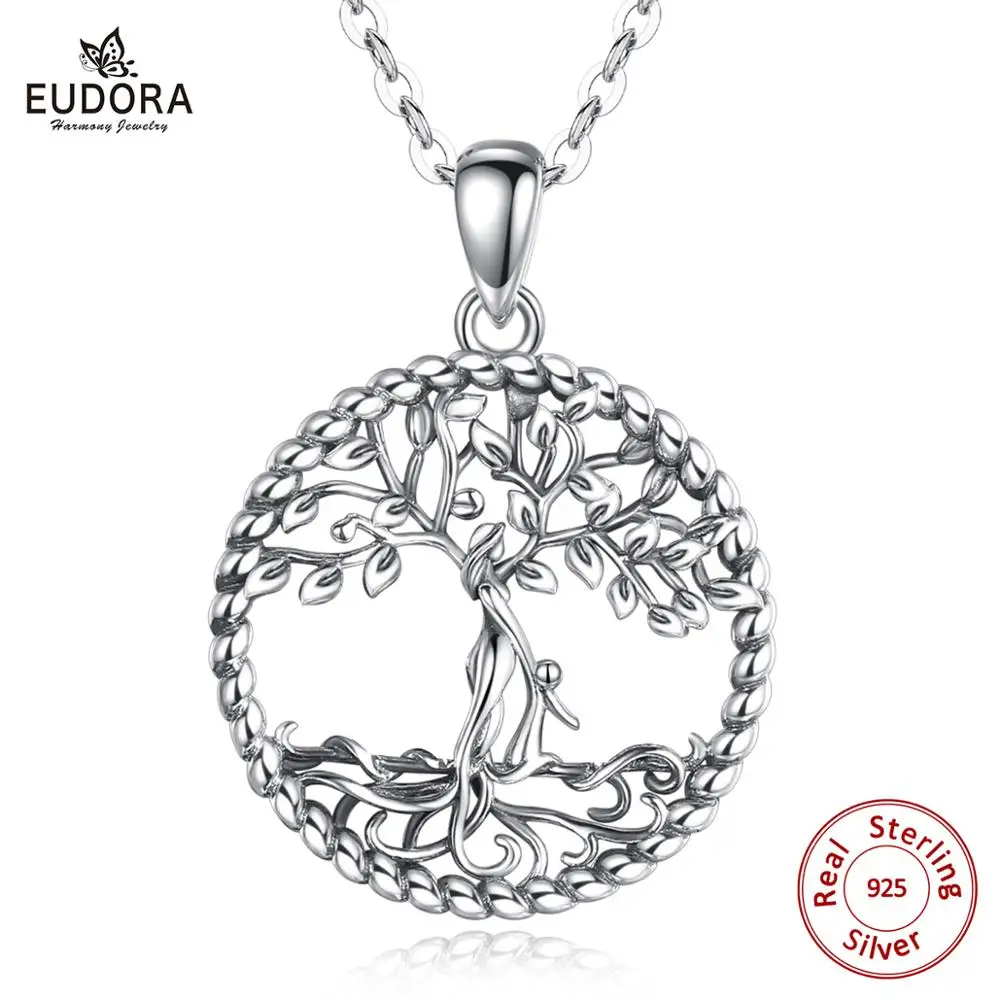 EUDORA 925 Sterling Silver Tree of life Pendant Necklace Solid silver Tree leaf & goddess women necklace Jewelry with box D475