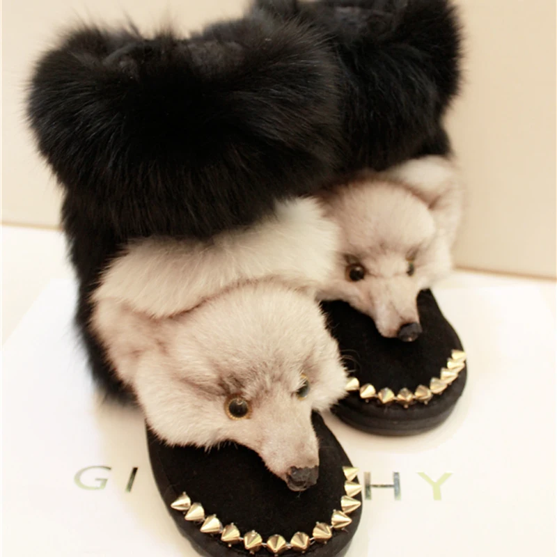 2023 Winter Boots Woman Warm Handmade Snow Boots Women Real Fox Fur Slip-On Casual Shoes Women Flat Leather Rivet Ankle Boots