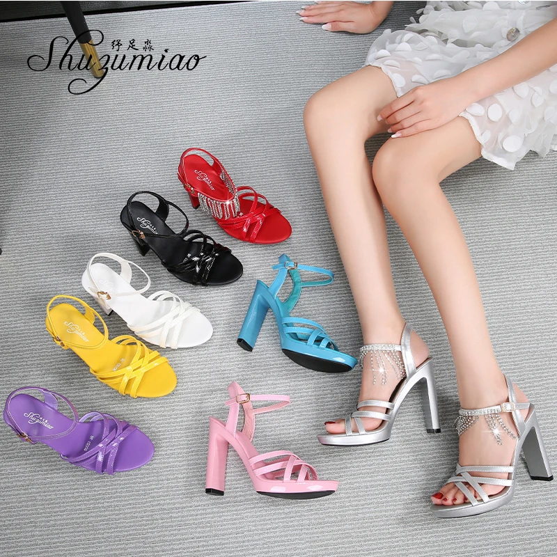 Shuzumiao Sandals Women 2020 Summer New Fashion Female Shoes Transparent Bottom Square Heel High Heels11cm Strip Pole Dance Shoe