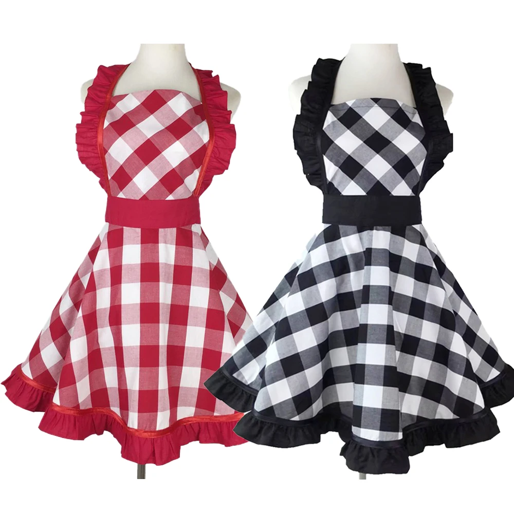 

Vintage Retro Aprons Ruffle Side Cotton Black Red Plaid Striped Cooking Apron for Woman Girl Housewarming C1A23