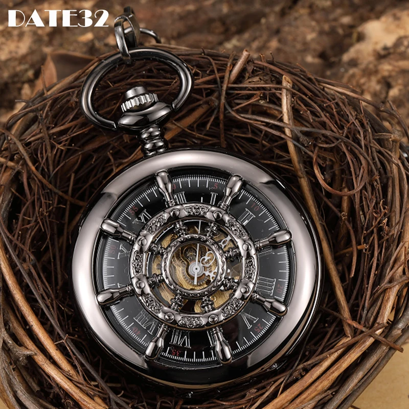 

Steering Wheel Mechanical Pocket Watch Laser Engrave Roman Numerals Fob Chain Hanging Clock with Gift Box for Men Dropshipping