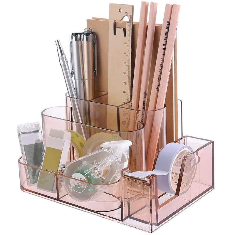 

Multifunction Transparent Pen Holder Square Pen Pencil Holder Book Stand Tape Dispenser Office Desktop Storage Box School Supply