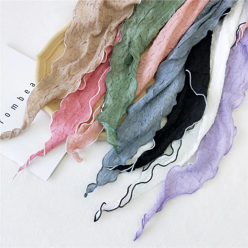 Pleated Embossed Solid Color Cotton Diamond Scarf Female Spring Summer Soft Versatile Korea 150*30cm Decorative Small Shawl E41