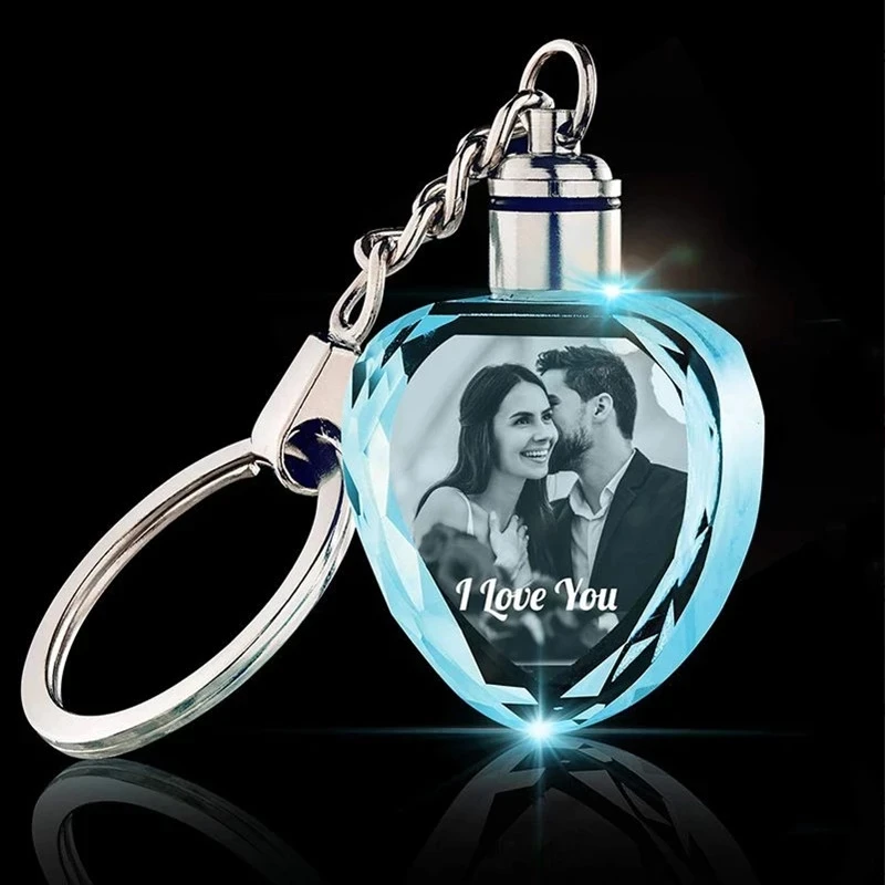 Diy 3D Colorful Personalized Heart Crystal Key Chain Photo LED Light Keychain Luminated Keyring Glass Baby Memorial Lover Gifts