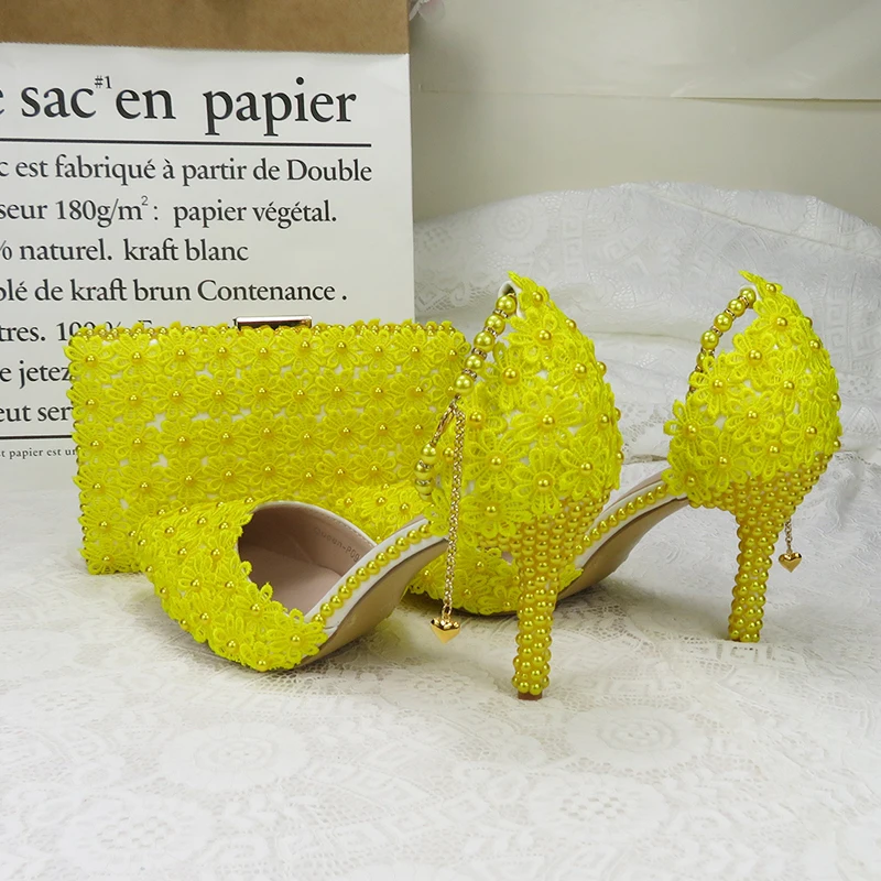 Lace-Up Flower Wedding Shoes With Matching Bags Yellow High Heels Pointed Toe Ankle Strap Ladies Party shoe and bag set