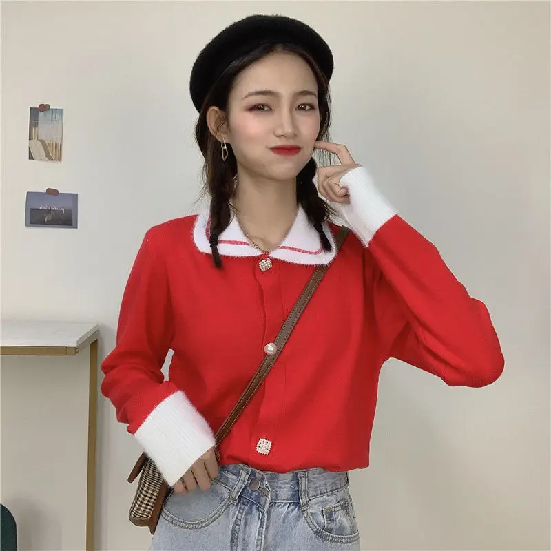 Woman Sweaters Cardigan Peter Pan Collar Sweater Loose Outer Wear Autumn Winter Long Sleeves Knitwear Gas Top Sueters De Mujer