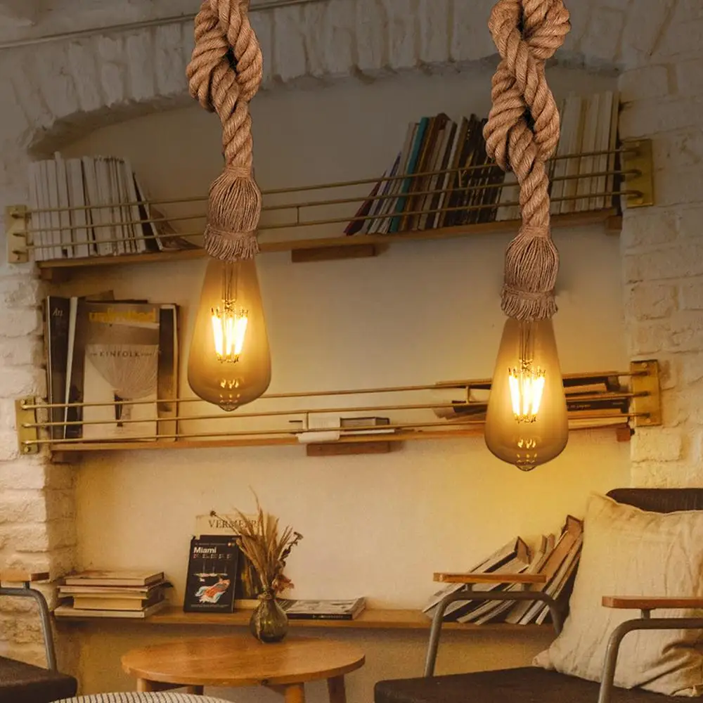 Retro Vintage Rope Pendant Light Lamp Loft E27 18mm 25mm Personality Industrial American Style Edison Bulb Restaurant Coffee Bar